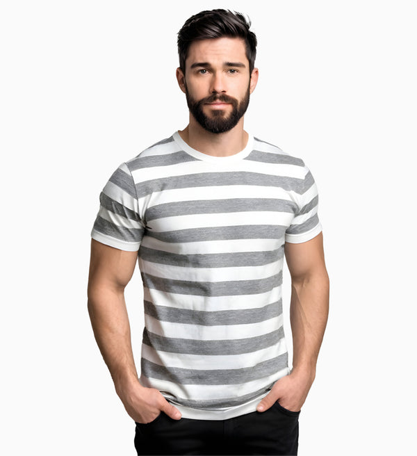 Grey White Round Neck Strip T-Shirt