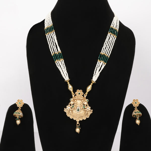 Memat Premium Gold with Emerald Green Studded Maharani Pendant Necklace