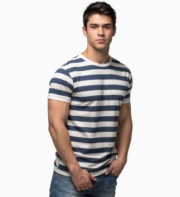 Navy Blue Round Neck Strip T-Shirt